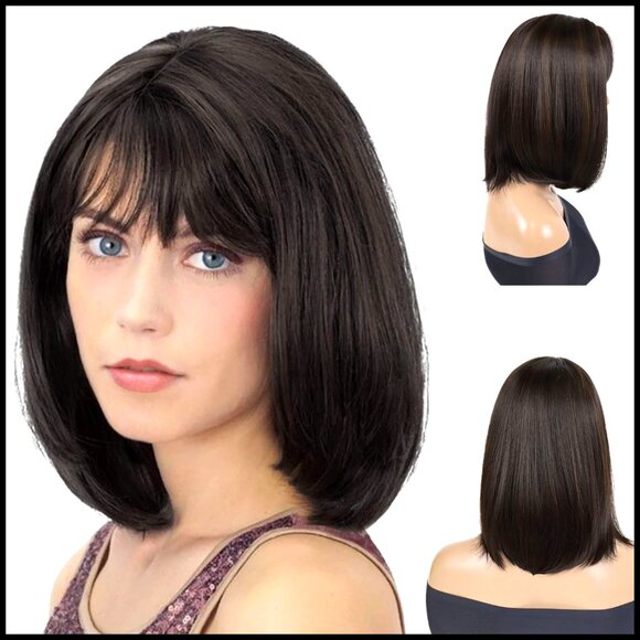 Medium Length Bob Wig with Bangs Heat Resistant Synthetic Hair Adjustable Cap